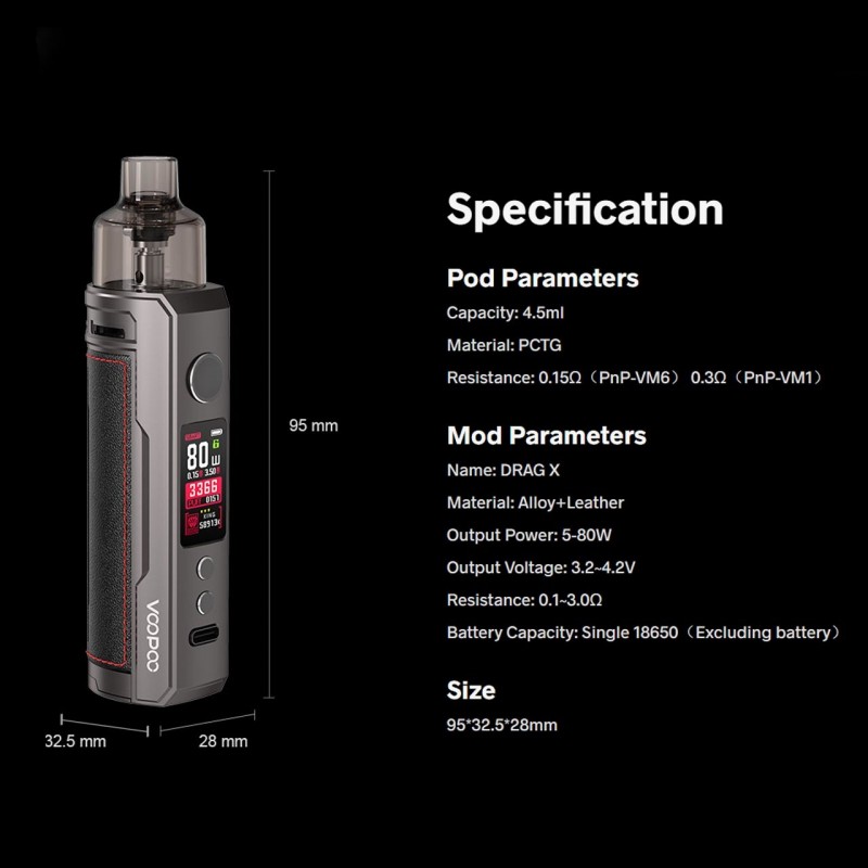 Voopoo Drag X, ayarlanabilir watt gücü ve gelişmiş çip teknolojisiyle yüksek performans sunar. Şık tasarımıyla taşınabilir ve kullanıcı dostudur.
