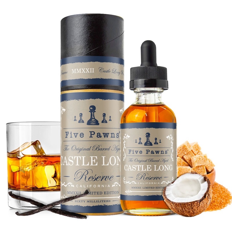Five Pawns Castle Long Reserve 60ml, bourbon, vanilya ve kavrulmuş badem notalarıyla zengin, sofistike bir aroma sunar. Özel harman şimdi stokta!