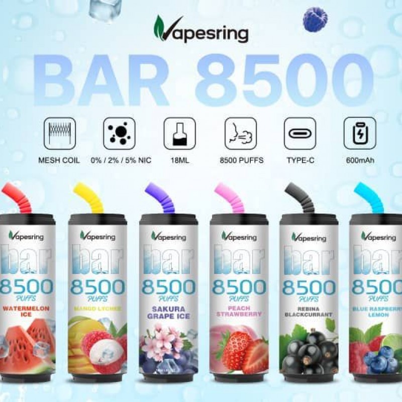 Vapesring 8500 Puff Bar, yüksek puff kapasitesi ve yoğun aroma seçenekleriyle kesintisiz keyif sunar. Şimdi keşfedin, farkı hissedin!