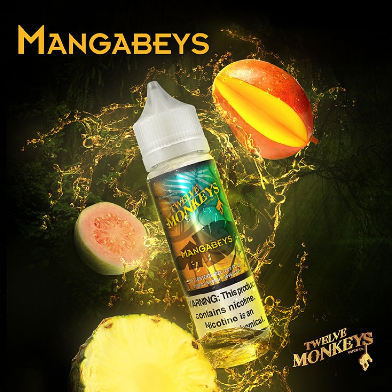 Twelve Monkeys Mangabeys 60 ml ile ananas, guava ve mango aromalarının egzotik uyumunu deneyimleyin. Yoğun meyve tadıyla ferahlatıcı bir deneyim sunar.