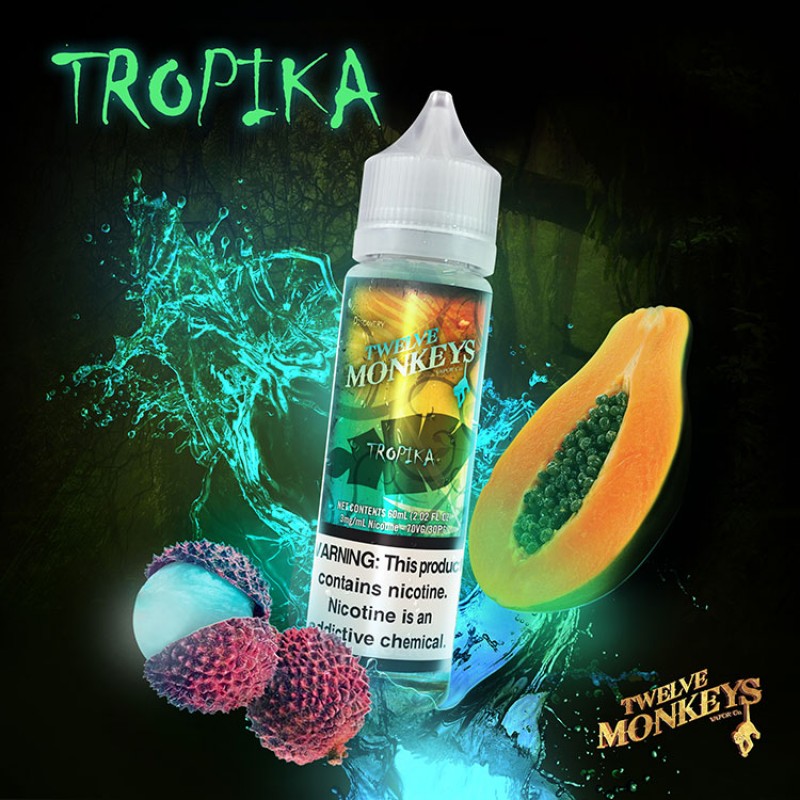 Twelve Monkeys Tropika 60ml, mango, papaya ve liçi karışımıyla tropikal tatlar sunar. Yoğun aromasıyla keyifli bir deneyim sizi bekliyor.